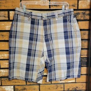 Merrell Shorts Mens 40 Blue Khaki White Plaid Cotton‎ Hiking Flat Front Pocket